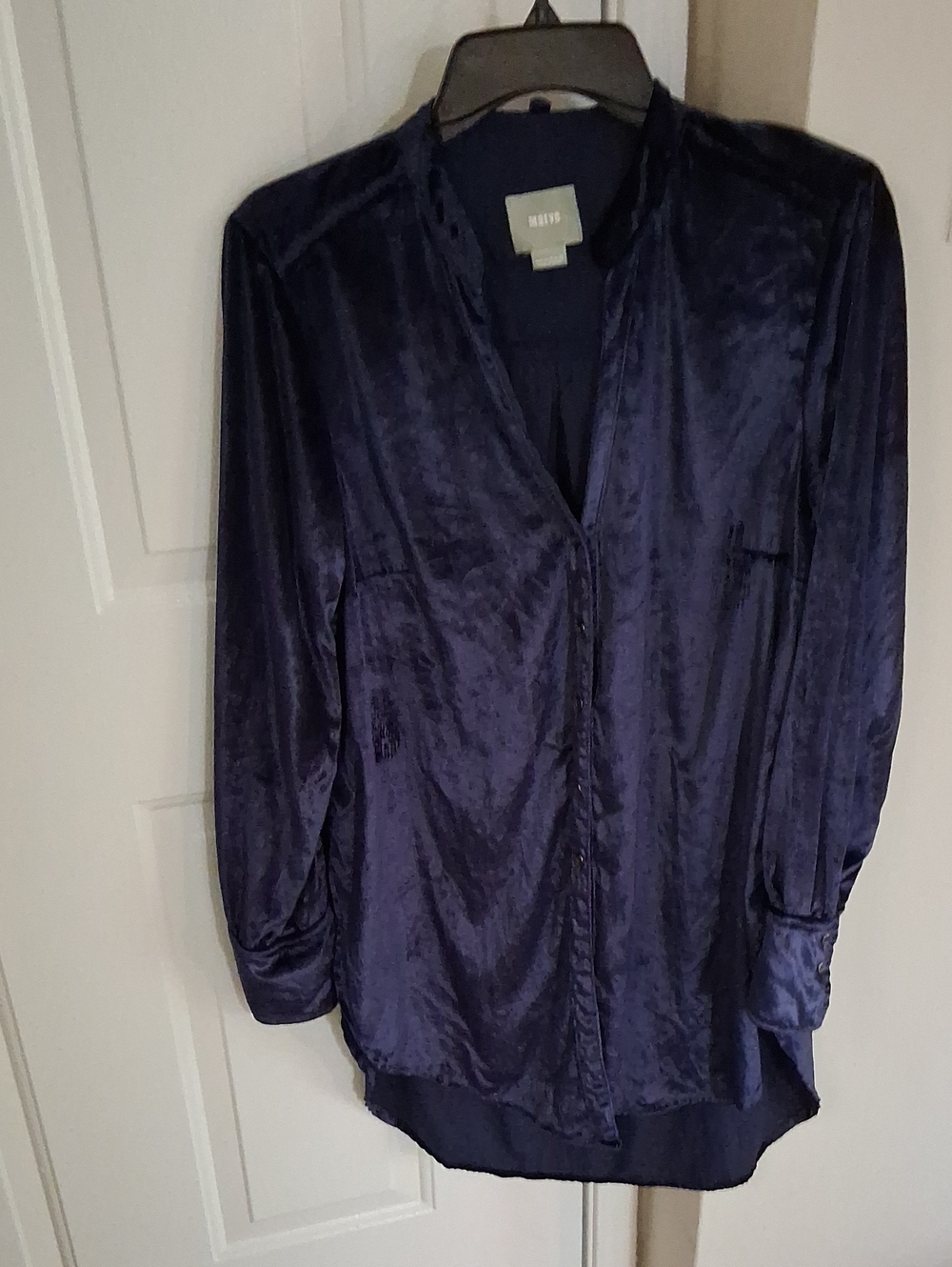Maeve Deep Navy Velvet Button-Down Blouse